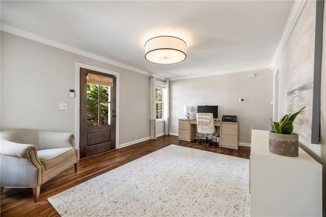 home office featuring baseboards, ornamental molding, and dark wood finished floors