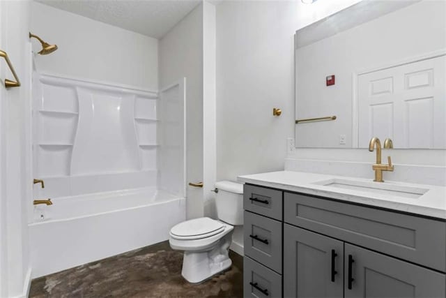 full bath featuring concrete flooring, toilet, vanity, and shower / washtub combination