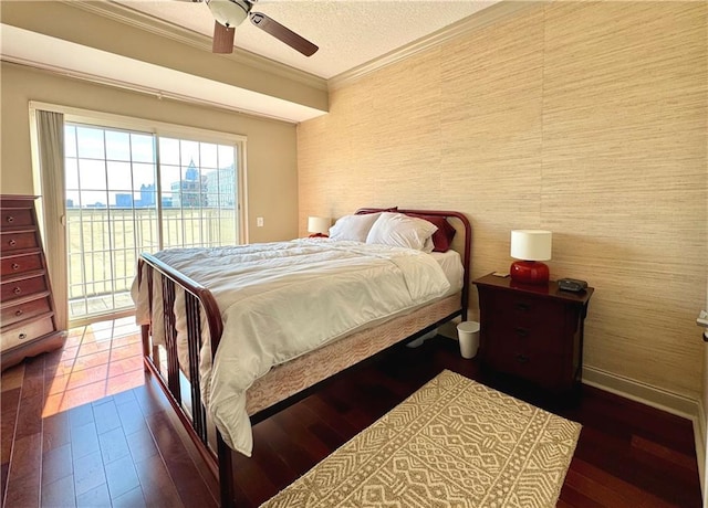 bedroom with wallpapered walls, wood finished floors, access to outside, a textured ceiling, and crown molding