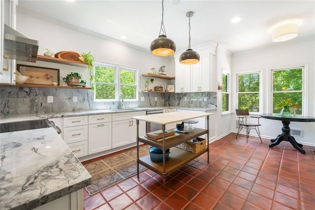 kitchen with open shelves, a sink, tasteful backsplash, white cabinetry, and crown molding