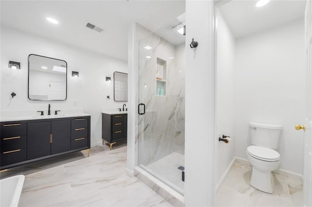bathroom featuring marble look tiles, a marble finish shower, baseboards, and recessed lighting