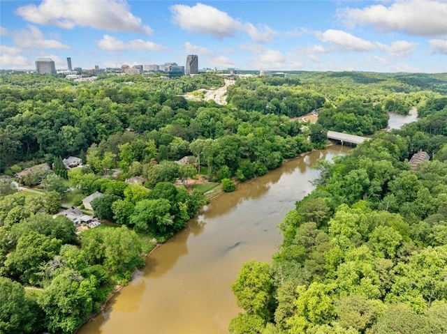 view of urban area with a large body of water and a heavily wooded area