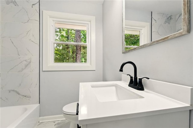163 Oakcliff Ct, South Fulton, GA 30331 - full bath with marble finish floors, toilet, baseboards, vanity, and shower / bath combination