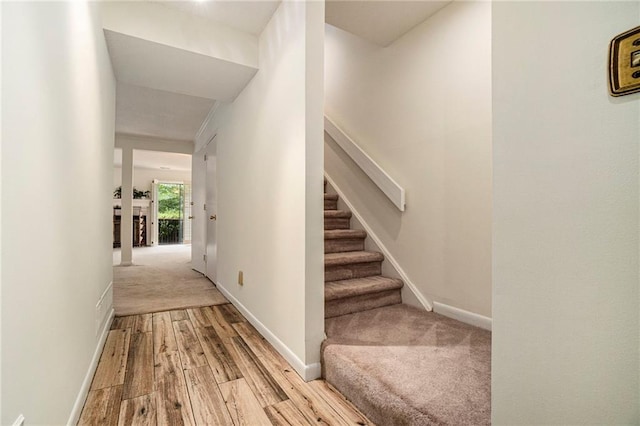 stairway featuring carpet, baseboards, and wood finished floors