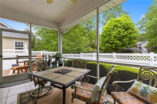 view of patio / terrace with outdoor dining area, fence, and a ceiling fan