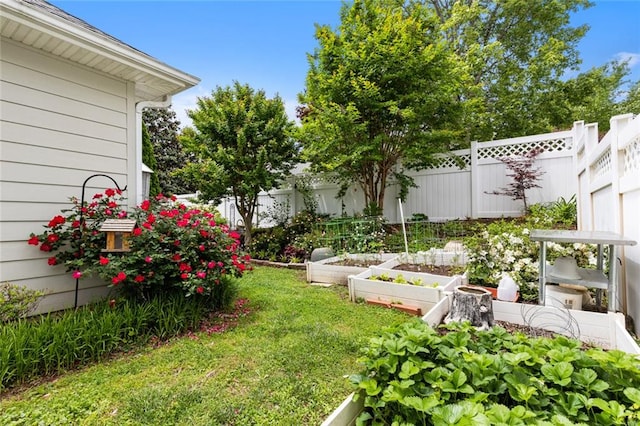 view of yard featuring a vegetable garden and a fenced backyard