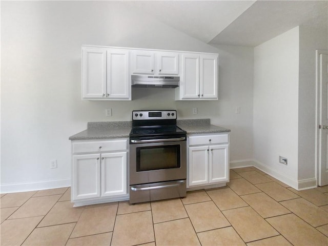 kitchen featuring white cabinetry, stainless steel range with electric cooktop, and light tile patterned floors