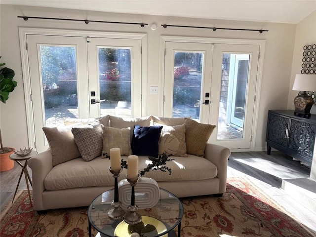 living room featuring french doors, baseboards, and wood finished floors