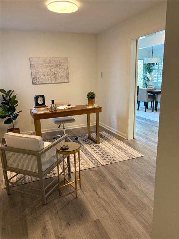 office space with baseboards and wood finished floors