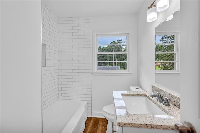 full bathroom with a healthy amount of sunlight, vanity, toilet, and wood-type flooring