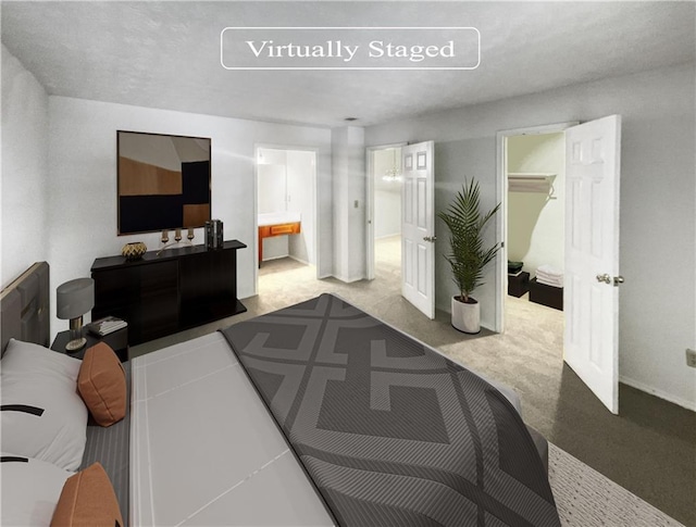 bedroom with a walk in closet, ensuite bathroom, a closet, and light colored carpet