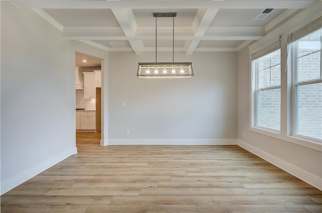 empty room with beamed ceiling, light wood-type flooring, and coffered ceiling