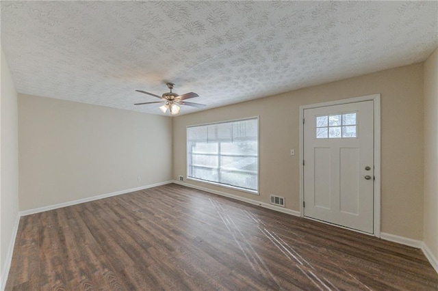 foyer entrance featuring a textured ceiling, a healthy amount of sunlight, and dark wood-type flooring