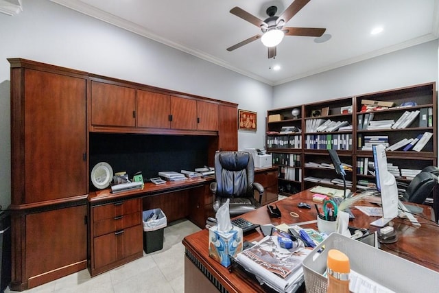 tiled home office featuring ceiling fan and ornamental molding