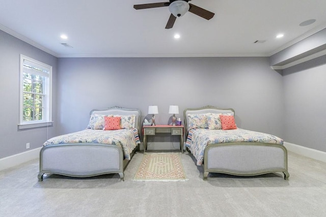 bedroom featuring ornamental molding, light carpet, and ceiling fan