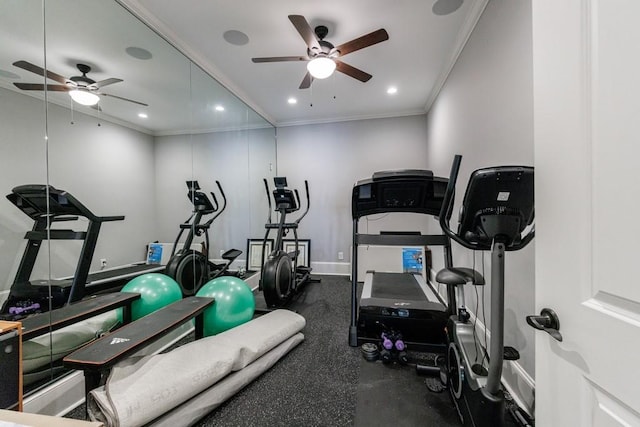 exercise area featuring ornamental molding and ceiling fan