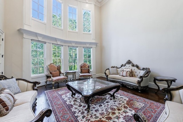 living room with ornamental molding and hardwood / wood-style flooring