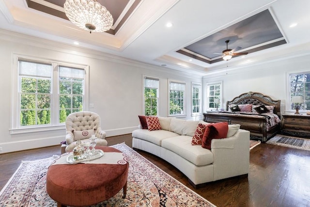 bedroom featuring ceiling fan, a tray ceiling, dark wood-type flooring, and multiple windows