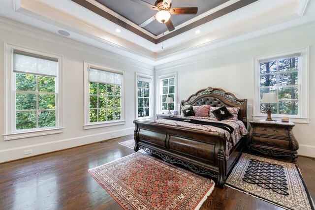 bedroom with ceiling fan, dark wood-type flooring, and a raised ceiling