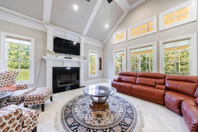 tiled living room with beam ceiling, high vaulted ceiling, and a healthy amount of sunlight