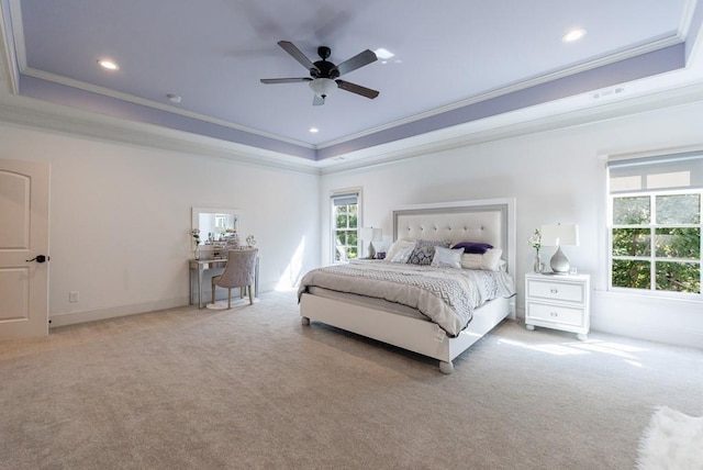 bedroom featuring crown molding, multiple windows, and ceiling fan