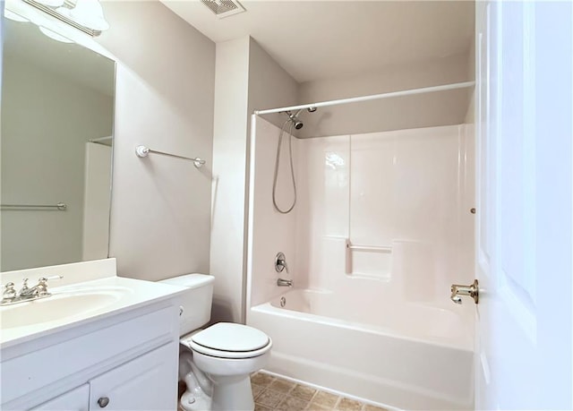 full bathroom with visible vents, vanity, toilet, and shower / bathtub combination