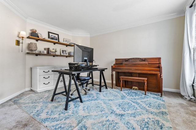 carpeted office with ornamental molding and baseboards