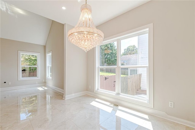 unfurnished dining area with vaulted ceiling and a notable chandelier