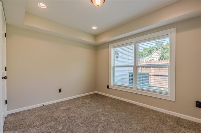 empty room with carpet flooring and a tray ceiling