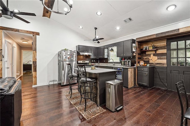 kitchen featuring vaulted ceiling, ceiling fan, stainless steel appliances, and dark wood finished floors