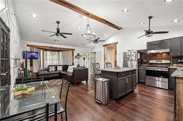 kitchen with a ceiling fan, vaulted ceiling with beams, stainless steel range with electric cooktop, and dark wood-type flooring