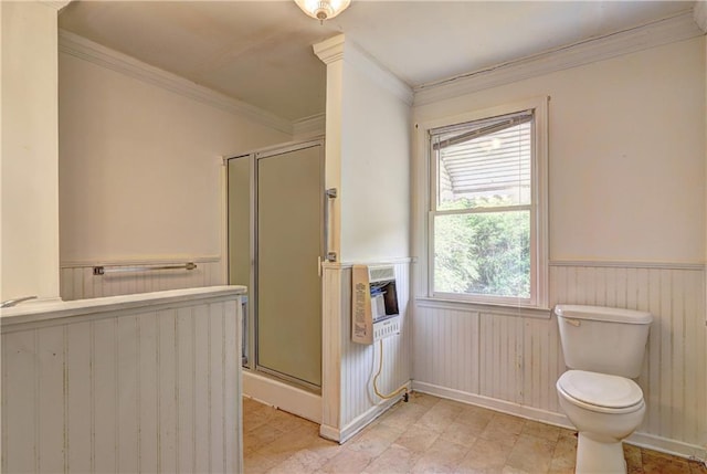 6191 Cumming Hwy, Canton, GA 30115 - full bath with a wainscoted wall, crown molding, a shower stall, toilet, and heating unit