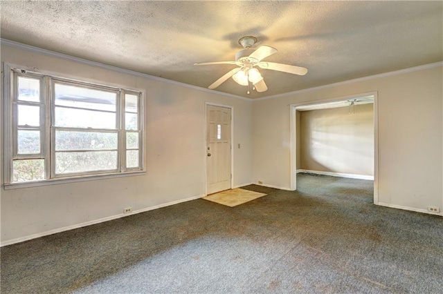 6191 Cumming Hwy, Canton, GA 30115 - carpeted empty room with a textured ceiling, ornamental molding, a ceiling fan, and baseboards