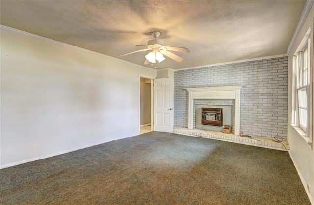 6191 Cumming Hwy, Canton, GA 30115 - unfurnished living room with a textured ceiling, ceiling fan, carpet floors, a brick fireplace, and baseboards