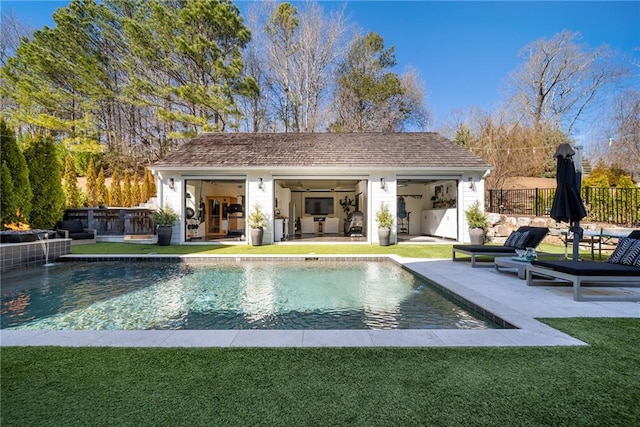 7165 Cordery Rd, Cumming, GA 30040 - view of swimming pool featuring an exterior structure, an outdoor structure, and a patio