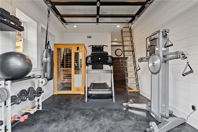 7165 Cordery Rd, Cumming, GA 30040 - exercise room featuring wooden walls