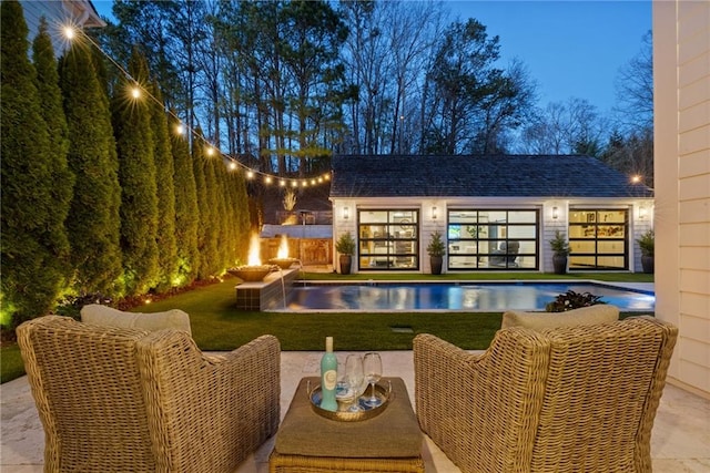 7165 Cordery Rd, Cumming, GA 30040 - outdoor pool featuring a storage structure, an outdoor structure, a patio area, and a yard
