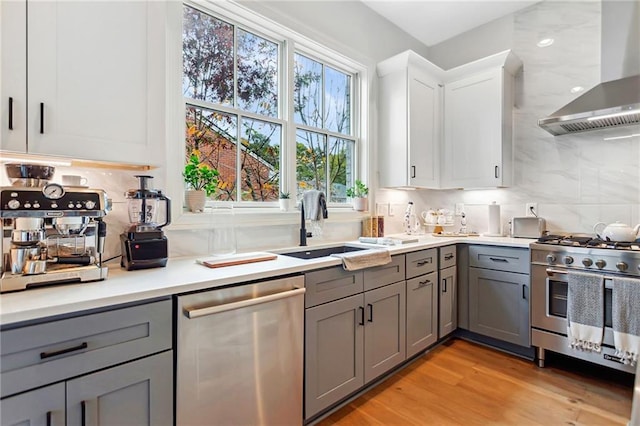 kitchen with white cabinetry, wall chimney range hood, stainless steel appliances, sink, and gray cabinetry