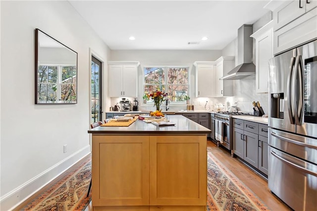 kitchen with gray cabinets, a kitchen island, white cabinetry, stainless steel appliances, and wall chimney exhaust hood