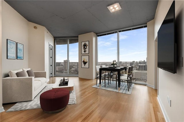 living area with expansive windows, baseboards, and wood finished floors