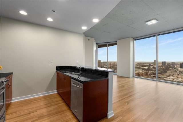 kitchen featuring a peninsula, stainless steel appliances, light wood-type flooring, floor to ceiling windows, and a sink