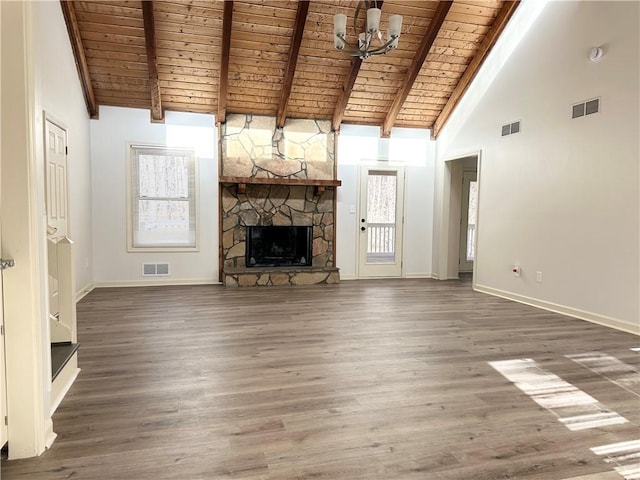 unfurnished living room with wooden ceiling, visible vents, and wood finished floors