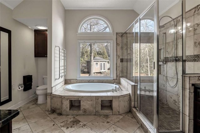 bathroom with toilet, vaulted ceiling, plenty of natural light, and plus walk in shower