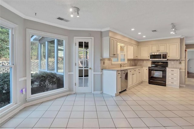 kitchen featuring light tile patterned flooring, stainless steel appliances, ornamental molding, and backsplash