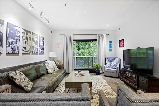 living room with finished concrete floors