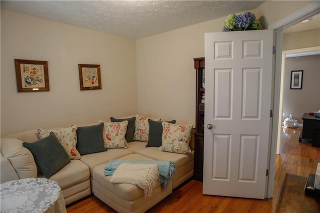 living room with hardwood / wood-style flooring and a textured ceiling