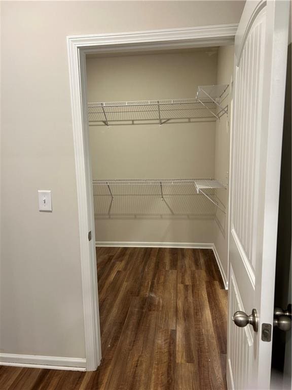 walk in closet with dark hardwood / wood-style floors