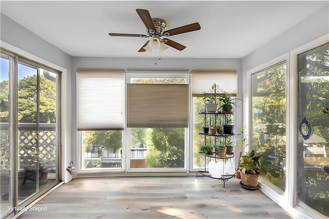 unfurnished sunroom featuring ceiling fan