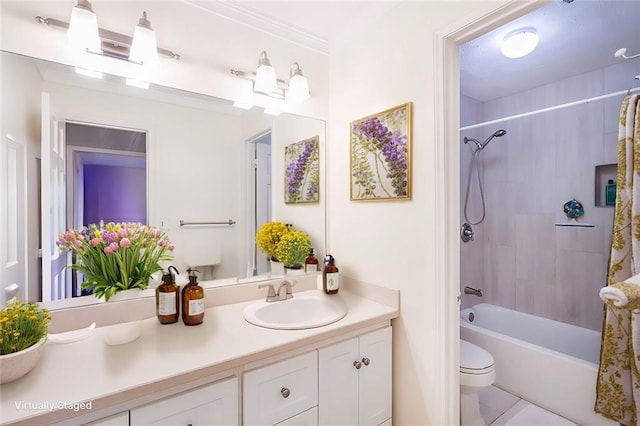 full bathroom with tile patterned flooring, shower / bath combo, vanity, and toilet