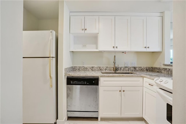 587 Virginia Ave NE Unit 315, Atlanta, GA 30306 - kitchen featuring a sink, light stone countertops, white cabinets, white appliances, and open shelves